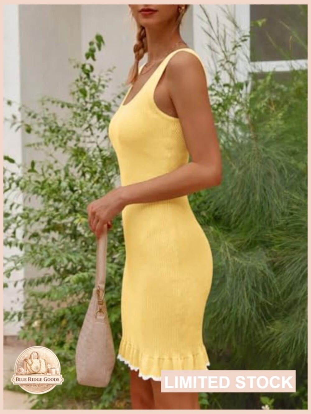 Square Neck Ruffle Mini Dress Sleeveless Ribbed Knit Slimming Bodycon Date Night - Picture 5 of 7